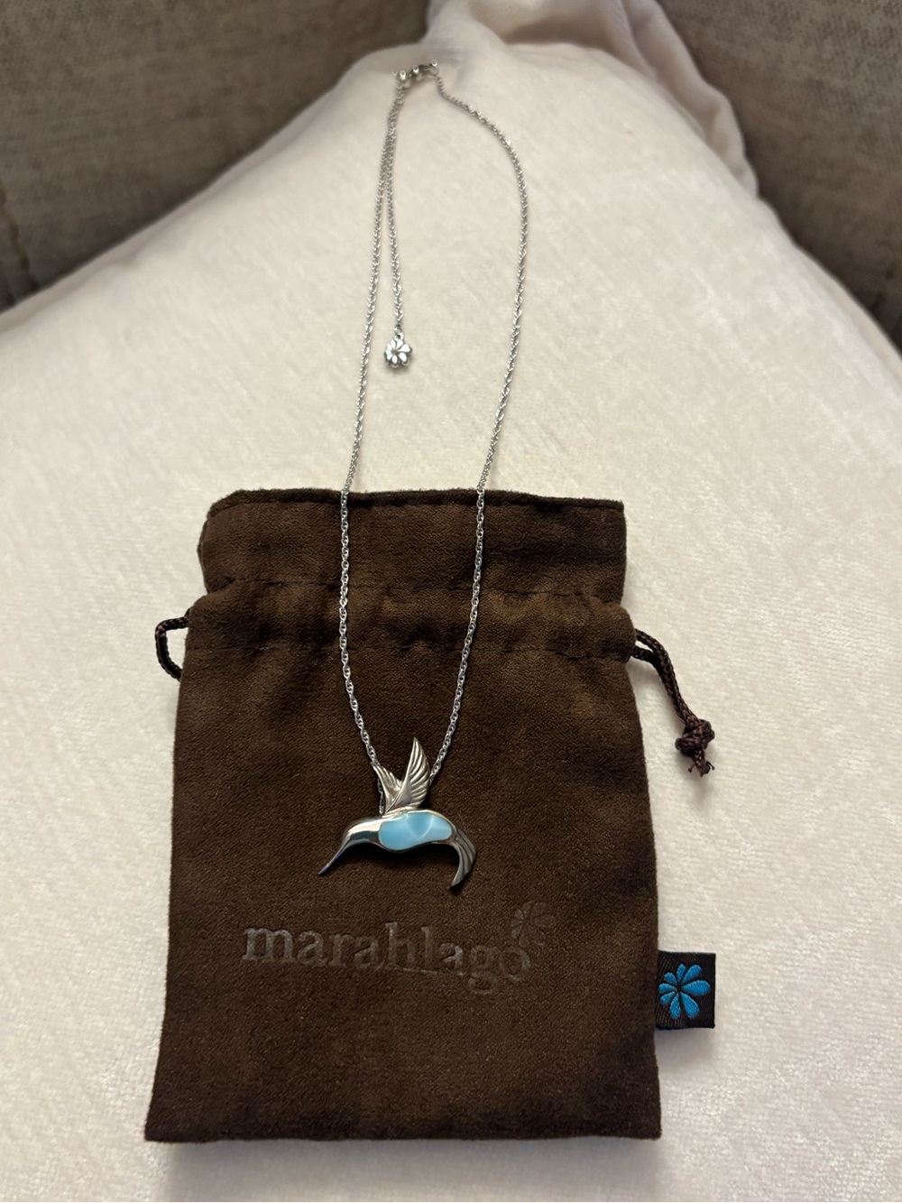Marahlago Silver Hummingbird Necklace with Larimar stone inlay